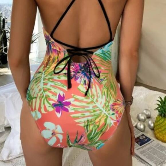 TROPICAL ONE PIECE Bathing Suit Sz L Yellow Mesh Barbiecore Floral GORGEOUS - Picture 5 of 13
